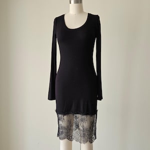 90s Y2K Stretch Knit Bodycon Dress, Black Lace Hem Wiggle Dress, Small Size Rayon Nylon Vintage Club Party Dresses