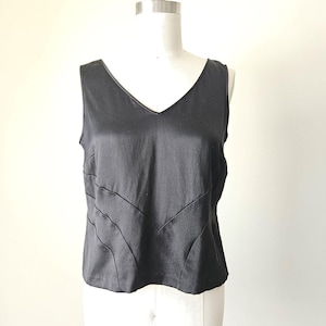 Y2K Black Satin Silk Tank Top – V Neck Sleeveless Cropped Blouse – Size 12 M L – Side Zip – Vintage Y2K Silk Top
