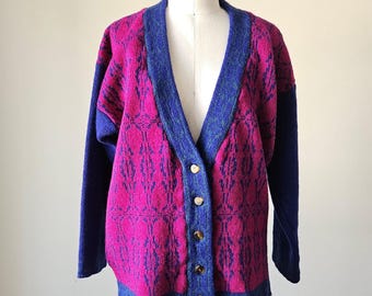 1980s ESPRIT SPORT Wool Cardigan, Vintage Oversized Abstract Sweater Pink Blue Green, V Neck Knit, Size S M L