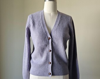 Thick CASHMERE Ribbed Lilac Cropped Cardigan Sweater • Size Small S - Medium M