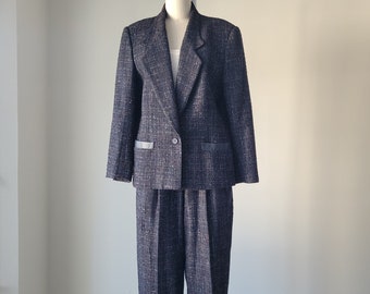 1990s Marled Wool Leather Trim Pant Suit • 27" High Waist Pleated Trousers & Blazer Speckled 2 Piece Pantsuit Set • Size S - M