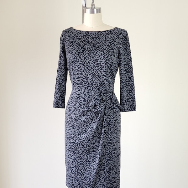 1950s Style Boat Neck Fitted Leopard Print Dress | Made in USA | Size S