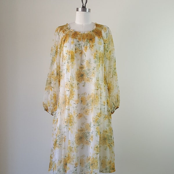 1970s Chiffon Smocked Midi Dress • Size S - M