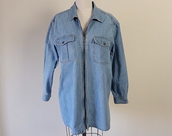 1990s Zip up Denim Cotton Chore Coat • Medium Oversized Jean Jacket • Made in USA