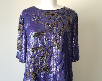 1980s Silk Sequin Violet Boxy  Party Blouse • Size M