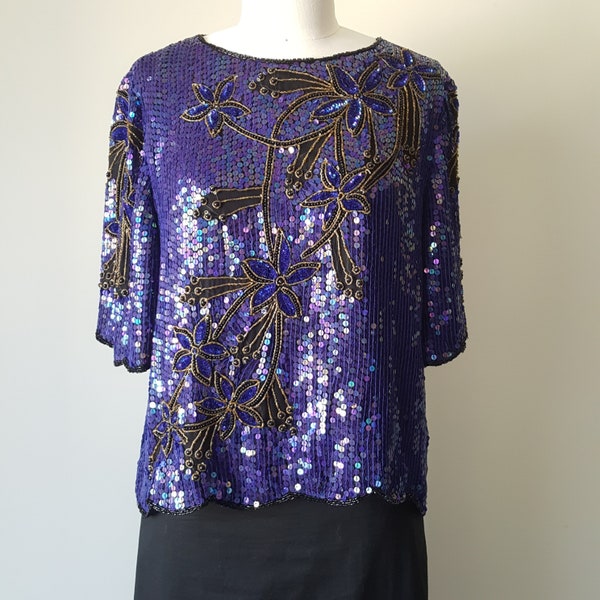 1980s Silk Sequin Violet Boxy  Party Blouse • Size M