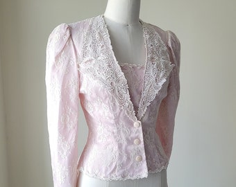 1970s Edwardian Lace Blouse • Vintage Pink Puff Sleeve Prairie Blouse Top • Size M