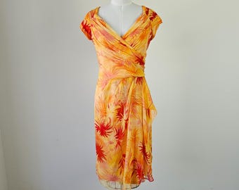 Vintage Silk Chiffon Dress Sheer Ruched Yellow Orange Size Large USA
