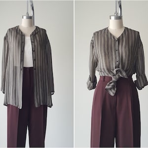 1990s EMANUEL UNGARO Sheer Brown Striped Tunic Blouse • Size S • Designer Over Shirt with Side Vents