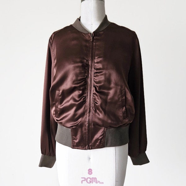 1990s SILK Satin Brown Bomber Jacket • Vintage SILKLAND Silk Jacket • Size M - L Petite