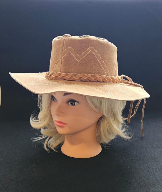 Vintage 1970s Brown Suede Boho Hat Small Size S Leather Wide Brim