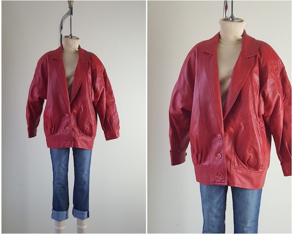 Soft Red Leather Cocoon Coat • Size M