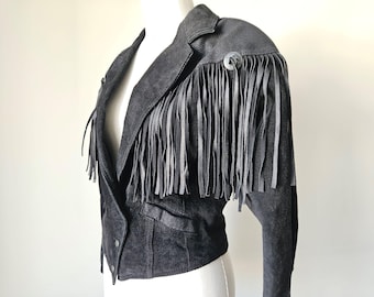 Vintage Western Fringe Cropped Lace up Black Suede Leather Jacket Small