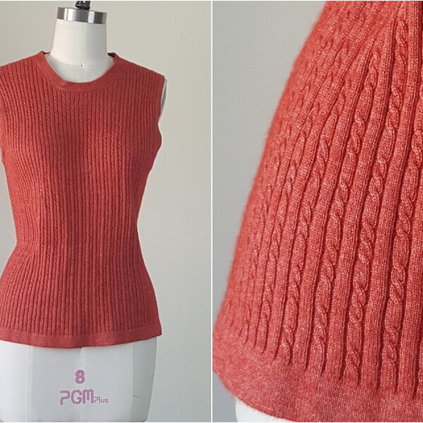 1990s Clay Silk & Cashmere Sleeveless Cable Knit Shell Tee Top M