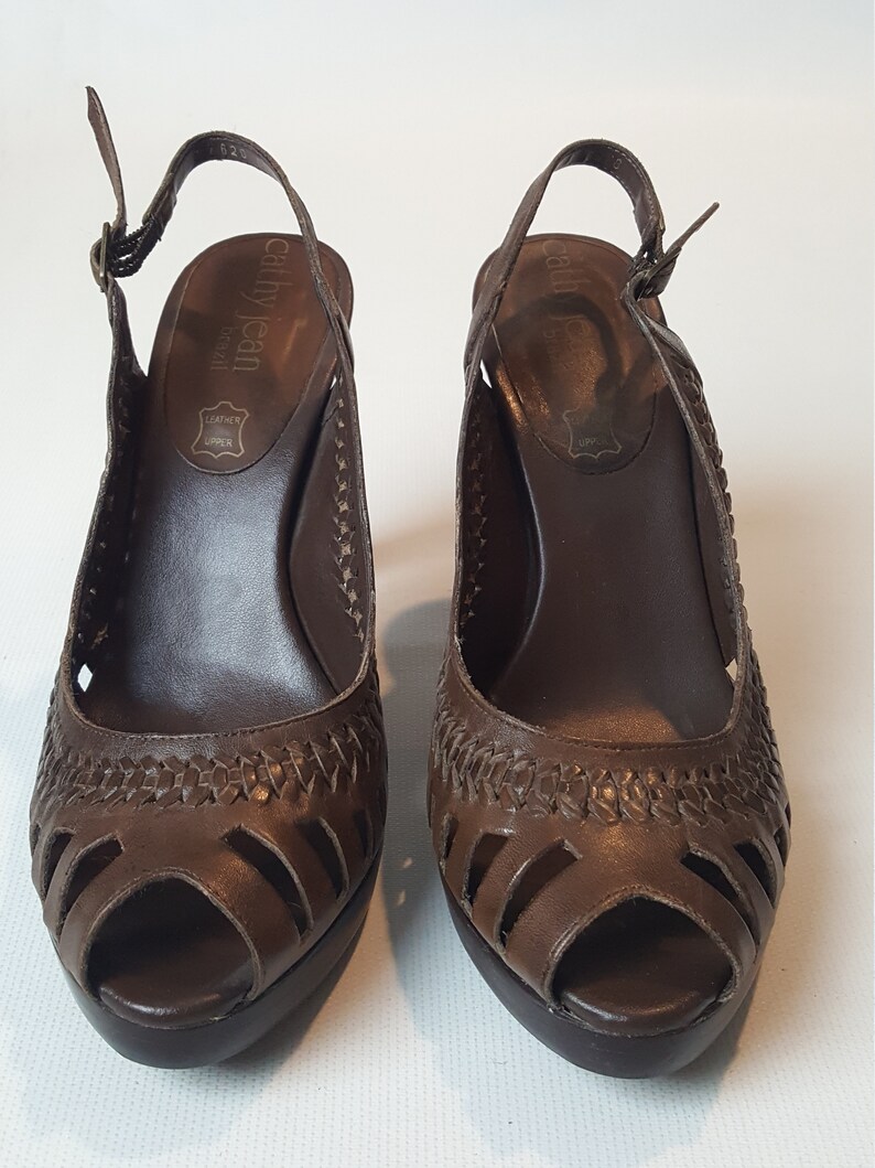 90s Woven Leather Platform Slingback Sandals Vintage 1990s Peep toe Size 8 90s does 40s Black Brown Cutout Pumps Heels Shoes image 6