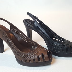 90s Woven Leather Platform Slingback Sandals Vintage 1990s Peep toe Size 8 90s does 40s Black Brown Cutout Pumps Heels Shoes image 1