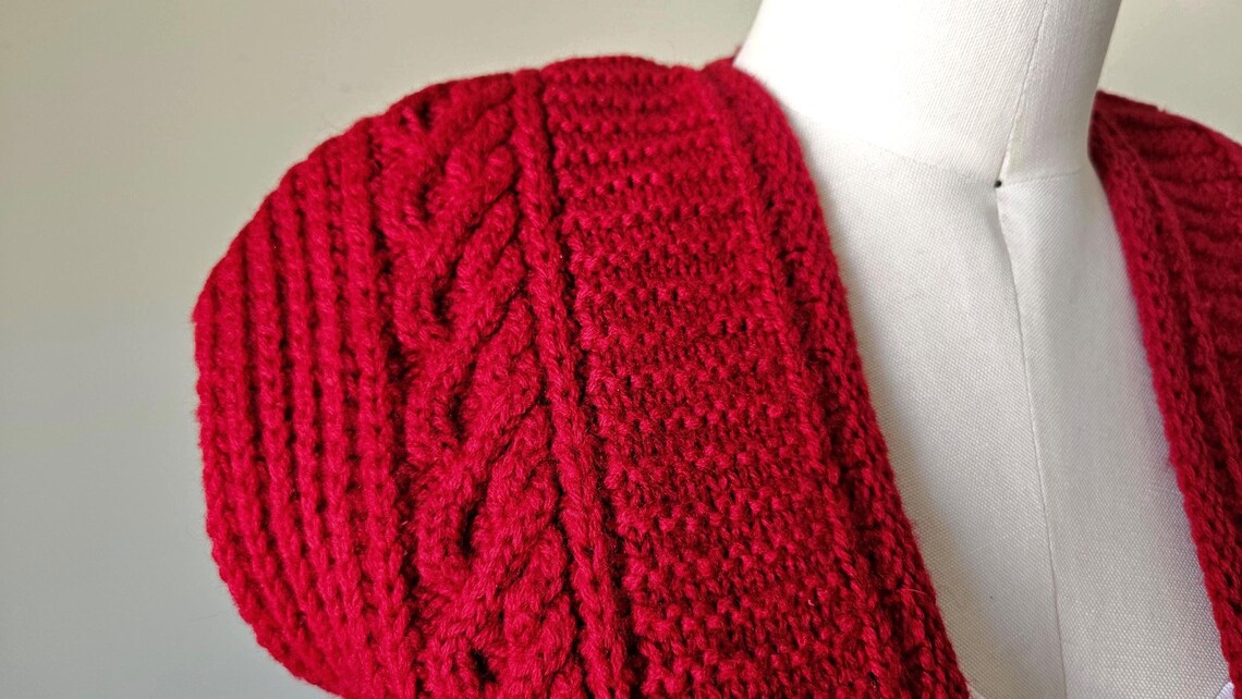 Vintage Wool Cable Knit Sweater Vest, Red Chunky Button Front Cropped Cardigan, S/M Petite, foto 3 di 5