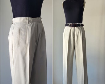 1990s Pleated Cotton Trousers Size S - M • High Waist 27" TALBOTS Beige Tan Easy Pants • Made in Hong Kong