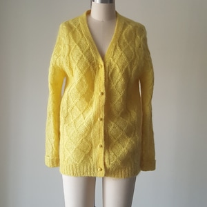 Handmade Fuzzy Mohair Golden Yellow Wool Long Cardigan Sweater Size S - M