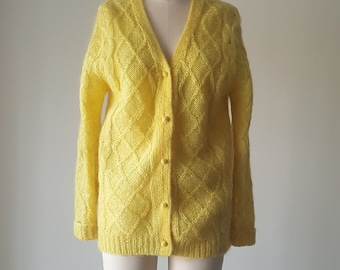 Vintage Mohair Cable Knit Cardigan, 1960s Yellow Fuzzy Wool Sweater, S/M