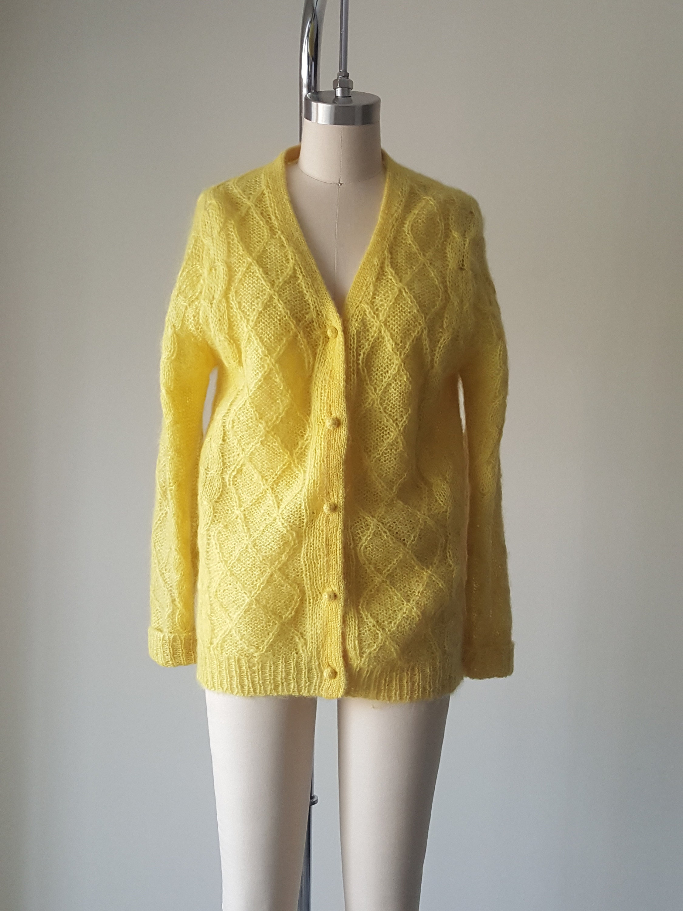 MOHAIR KNIT CARDIGAN（YELLOW） Vintage Mohair Yellow Cardigan, Wool Cable Knit Sweater, Hand Knit