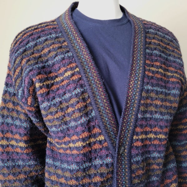 1990's Colorful Wool Cardigan • Made in Italy • Button Down Textured Sweater • Size L - XL