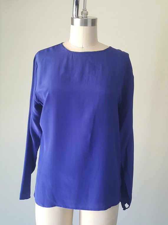 Royal Blue Silk Blouse • Small S • Vintage 90s Lo… - image 3