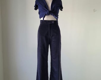 1970s Black Velvet Bell Bottom Pants, 26" Waist Wide Leg Flare, TOMBOY of California, High Rise 70s Cotton Pants, Made in USA