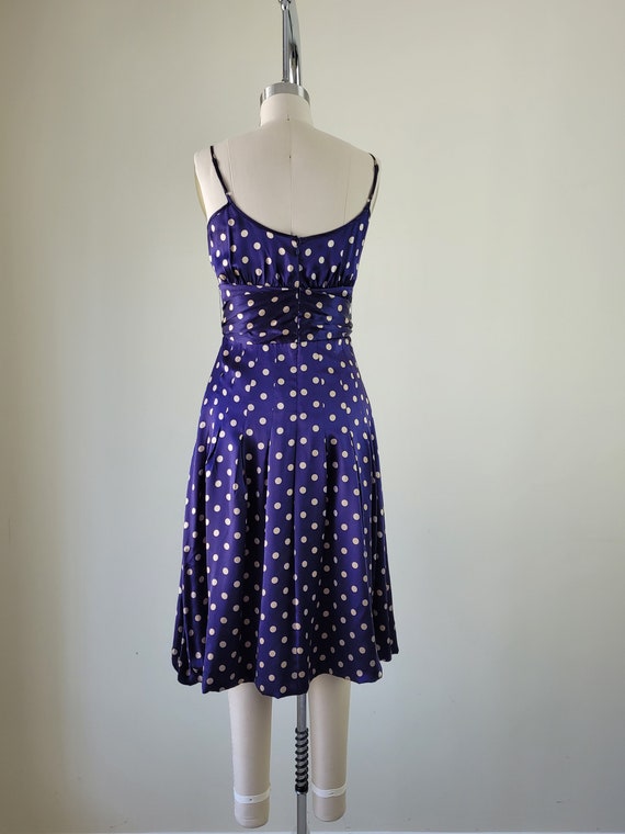 1950s Style Silk Sundress • Fitted Blue Polka Dot… - image 4