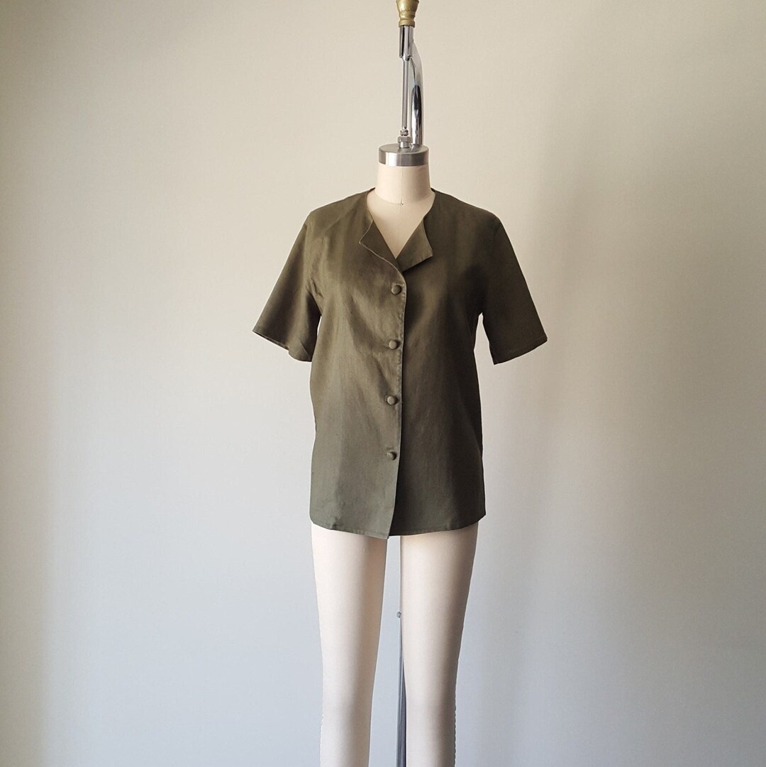 1990s Olive Green Linen Shirt Blouse Size S M Etsy