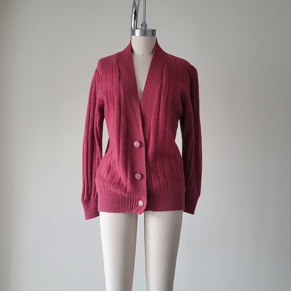 1990s Wool Angora Ribbed Pink Cardigan Sweater Si… - image 1