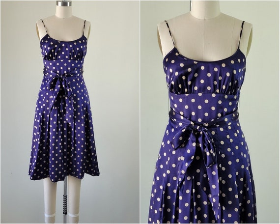 1950s Style Silk Sundress • Fitted Blue Polka Dot… - image 1