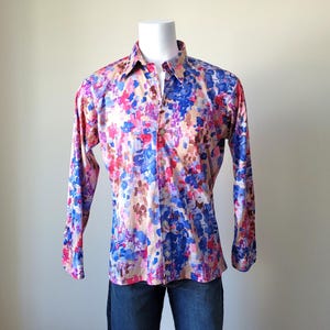 1970s Men's GIVENCHY LANSONS Trevira Silky Pink Blue MOD Shirt • Large