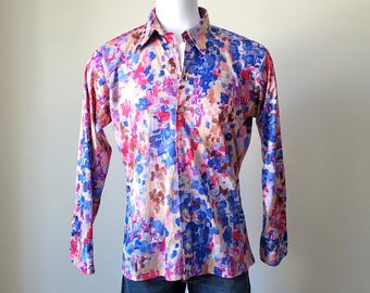 1970s Men's GIVENCHY LANSONS Trevira Silky Pink Blue MOD Shirt • Large