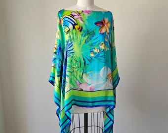 Clips Tricot Silk Kimono Blouse, Vintage 100% Silk Satin Charmeuse Tunic Top, Colorful Oversized, Made in Italy, Size S - M - L