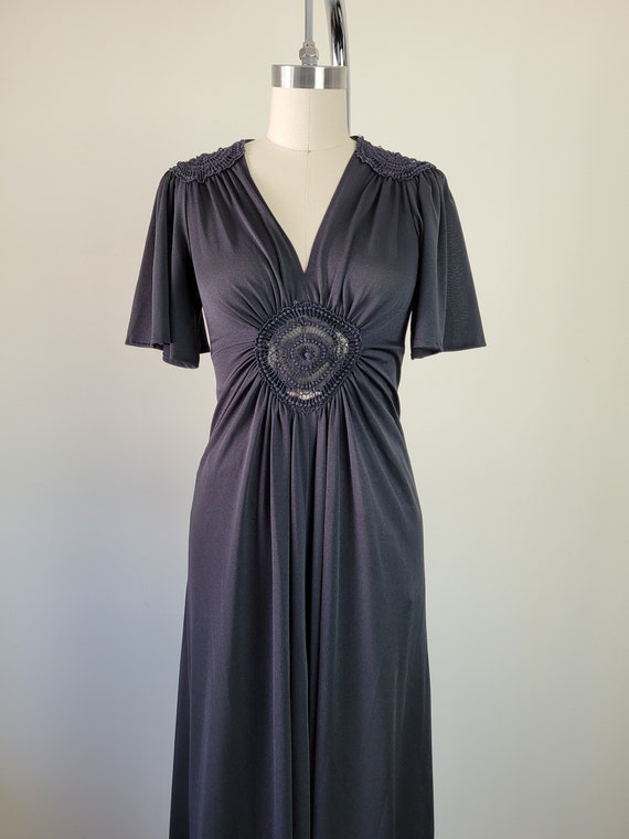 1970s CORKY CRAIG Long Black Crochet Dress • Flowy