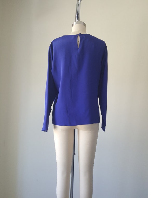 Royal Blue Silk Blouse • Small S • Vintage 90s Lo… - image 2