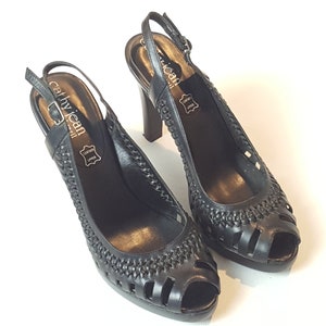 1990s cathy jean Woven Leather Slingback Sandals – Black Peep Toe Platform Heels – 90s Does 40s Style – Size 8 – Made in Brazil