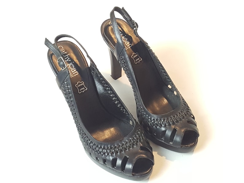 90s Woven Leather Platform Slingback Sandals Vintage 1990s Peep toe Size 8 90s does 40s Black Brown Cutout Pumps Heels Shoes image 2