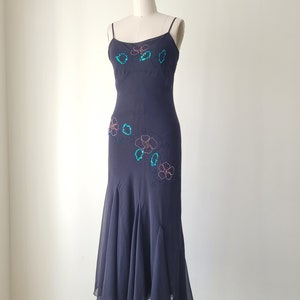 Vintage 1990s Y2K Black Silk Chiffon Gown - Beaded Bias Cut Trumpet Hem Dress, Size Medium
