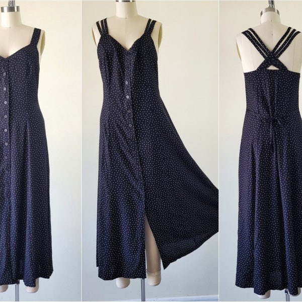 1990s Criss Cross Back Rayon Dress • Washable Black White Flowy Dress • Medium M