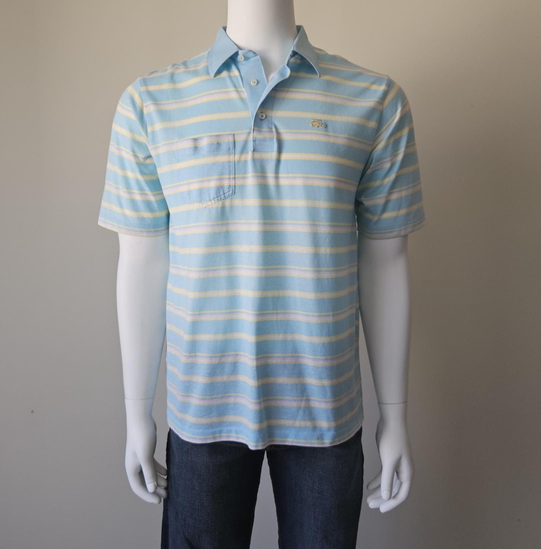 1970's LACOSTE Polo Shirt • Vintage Pastel Knit Striped Shirt • Size Men's  L