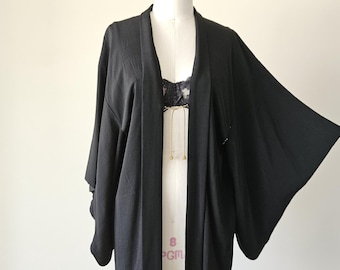 Antique Silk Kimono Robe • Handmade Haori Black Flowy Asian Jacket
