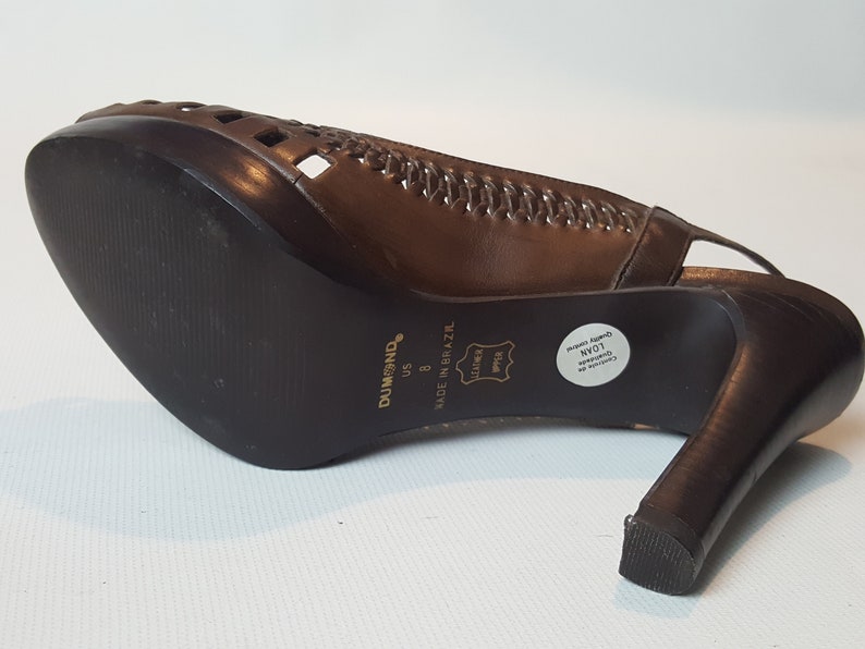 90s Woven Leather Platform Slingback Sandals Vintage 1990s Peep toe Size 8 90s does 40s Black Brown Cutout Pumps Heels Shoes image 9