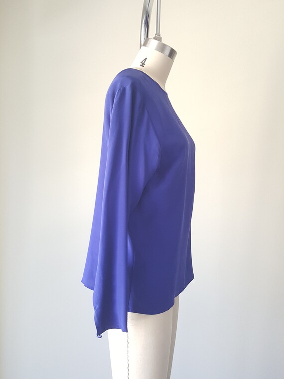 Royal Blue Silk Blouse • Small S • Vintage 90s Lo… - image 4