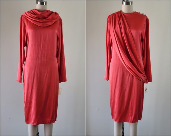 Charmeuse Silk Coral Dress with Shawl Sash • Vint… - image 1