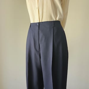 1990s LAURA ASHLEY Wool High Waist Trousers • Vintage Navy Blue Woven Wool Pants •  27 in. Waist Size S Small - M Medium