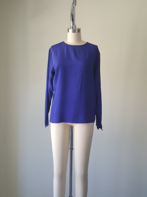 Royal Blue Silk Blouse • Small S • Vintage 90s Lo… - image 1