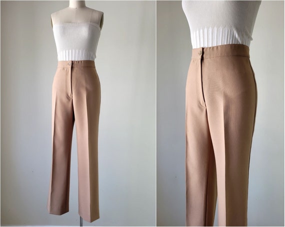 1970s High Waist Beige Poly Trousers 25 Inch Waist Small 