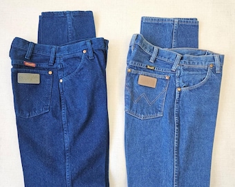 1980s Wrangler High Waist Jeans 27 Waist, Made in USA, Vintage Denim Blue or Dark Indigo Straight Leg 100% Cotton Jeans